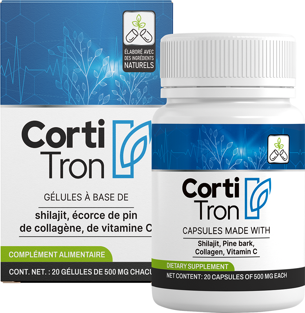 Boîte et flacon Cortitron portant la mention 20 gélules de 500 mg